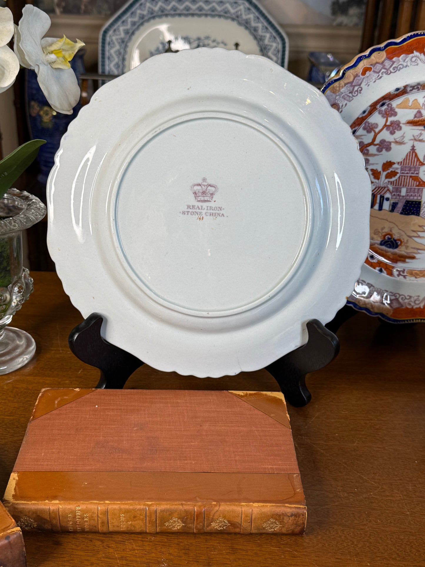 Antique Ashworth Brothers Real Ironstone China Pattern 143 Imari Chinoiserie Plates, Pair, c.1865, Orange Blue & Gilt #DA4596