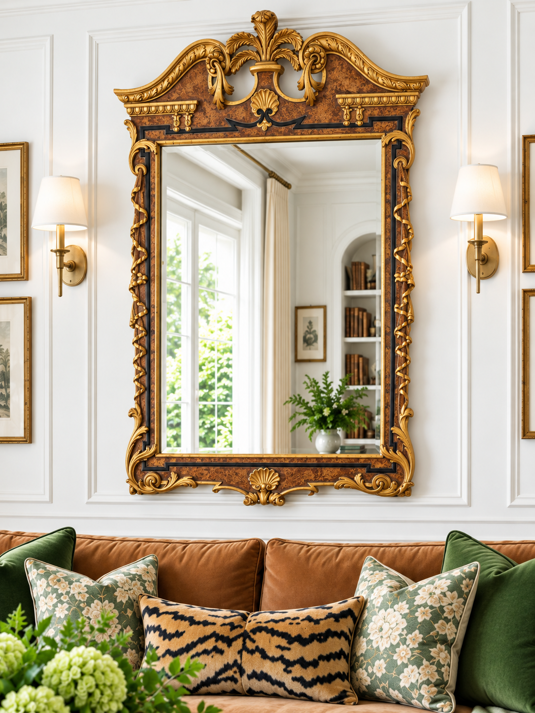 Italian Giovannini Chelini Hand-Carved Gilt Wood Mirror with Shell Crest Pediment | 52” x 34”