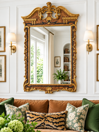 Italian Giovannini Chelini Hand-Carved Gilt Wood Mirror with Shell Crest Pediment | 52” x 34”