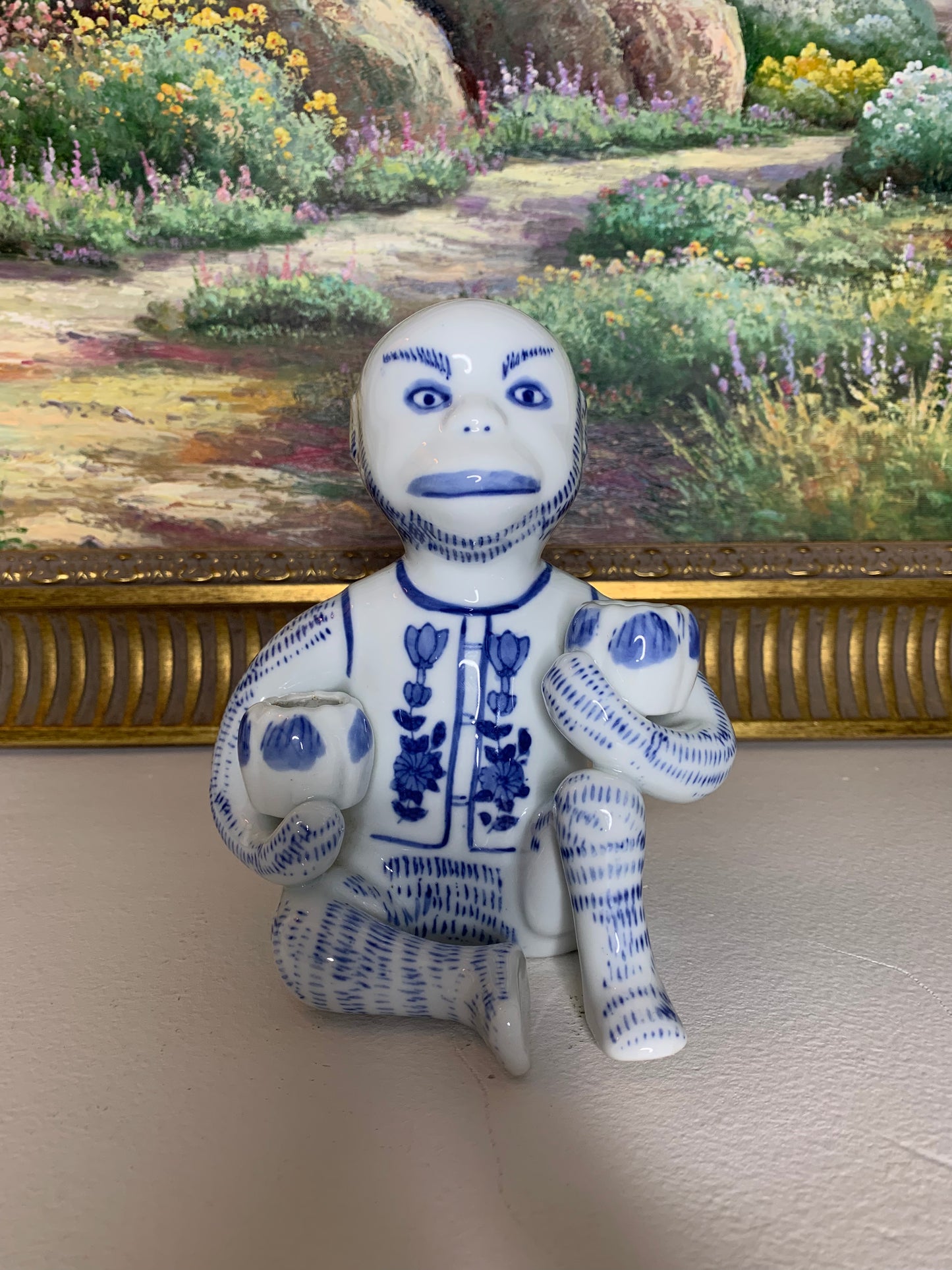 Chinoiserie blue and white monkey candleholder- Excellent condition!