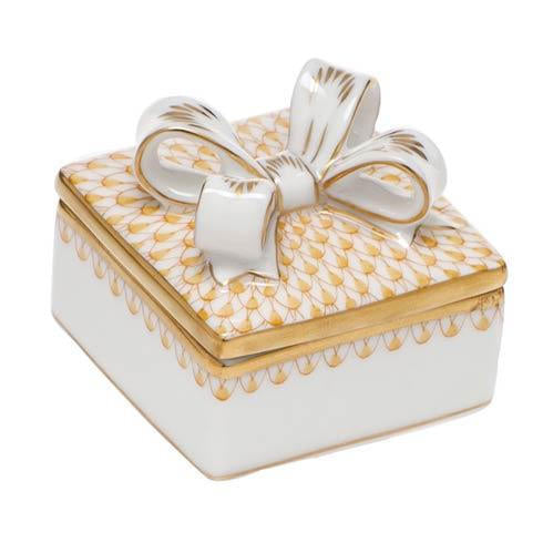 Herend Fishnet hand-painted porcelain with 24K gold: Box with Bow - 2” L × 1.75” H,