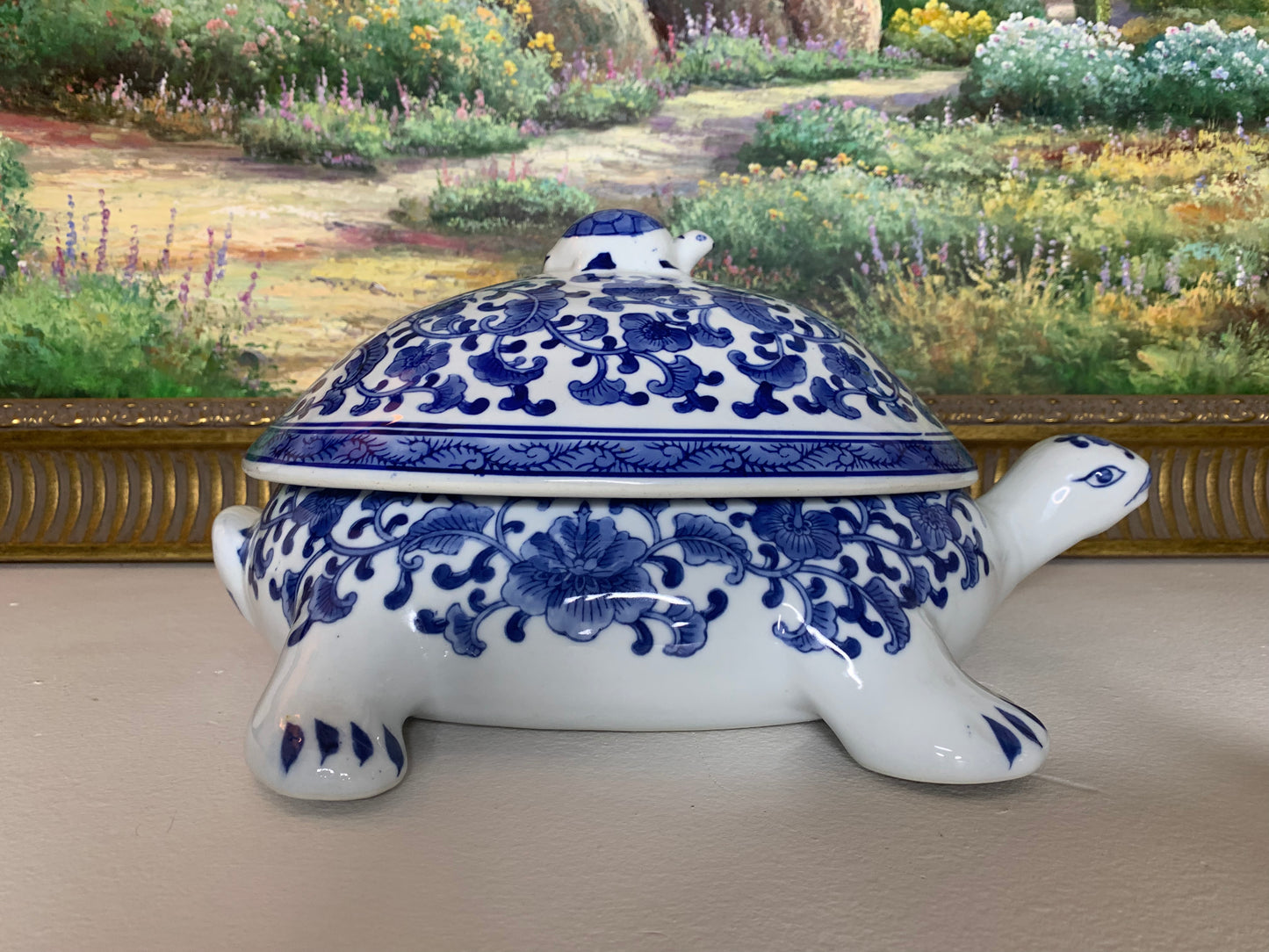 Chinoiserie blue and white extra large covered turtle - Excellent condition!