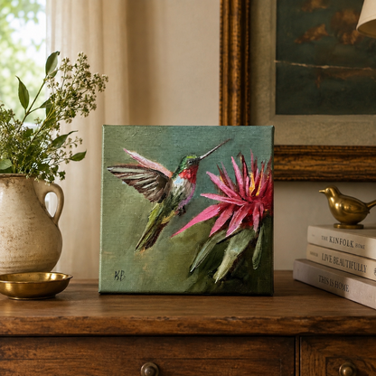 Live 08/11 Hummingbird and pink flower original oil painting framed in wooden gold frame 9.5x9.5”