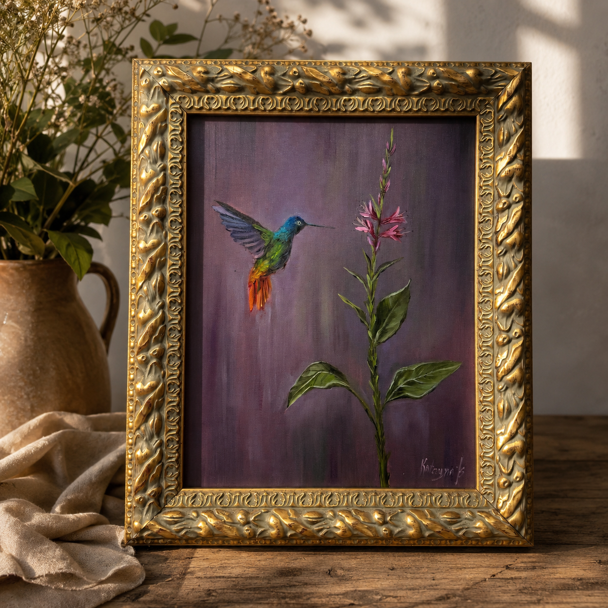 Hummingbird and pink flower original oil painting framed in wooden gold frame 15x18”