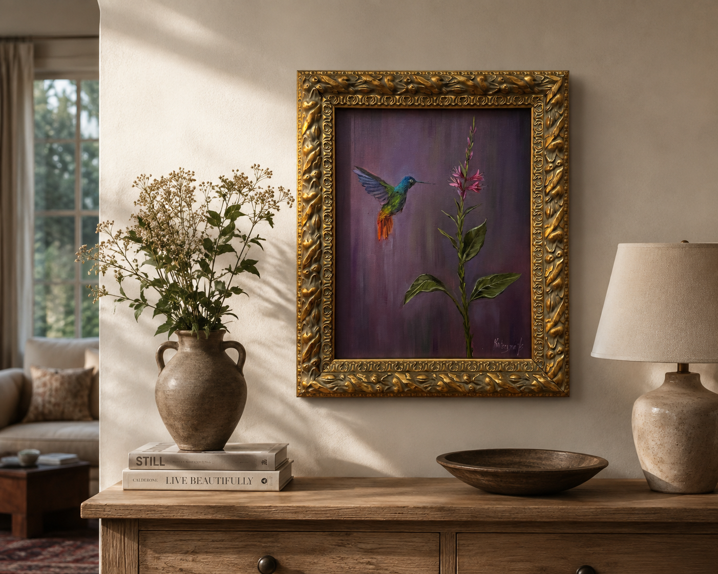 Hummingbird and pink flower original oil painting framed in wooden gold frame 15x18”