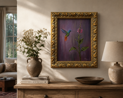 Hummingbird and pink flower original oil painting framed in wooden gold frame 15x18”