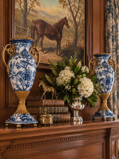 Danny's Fine Porcelain - 14" Tall Porcelain Blue Bird Vase with Gilt Bronze Ormolu Handles | Tall Decorative Accent #14298