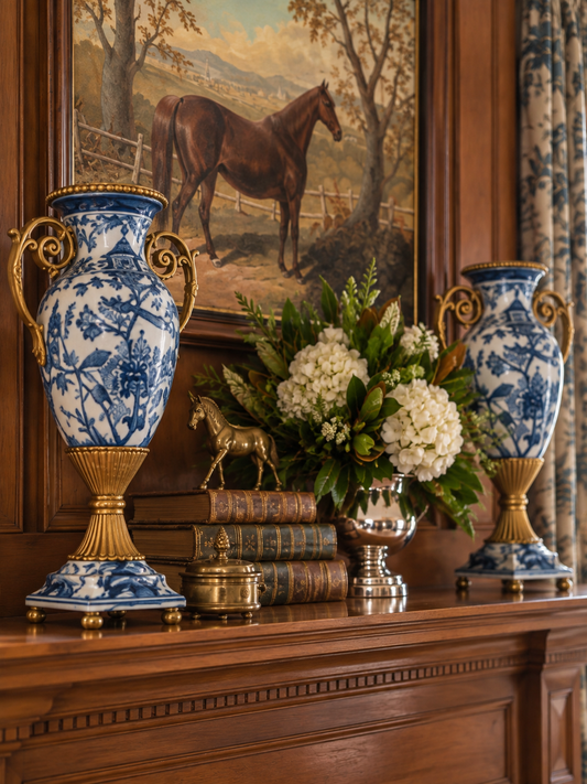 Danny's Fine Porcelain - 14" Tall Porcelain Blue Bird Vase with Gilt Bronze Ormolu Handles | Tall Decorative Accent #14298