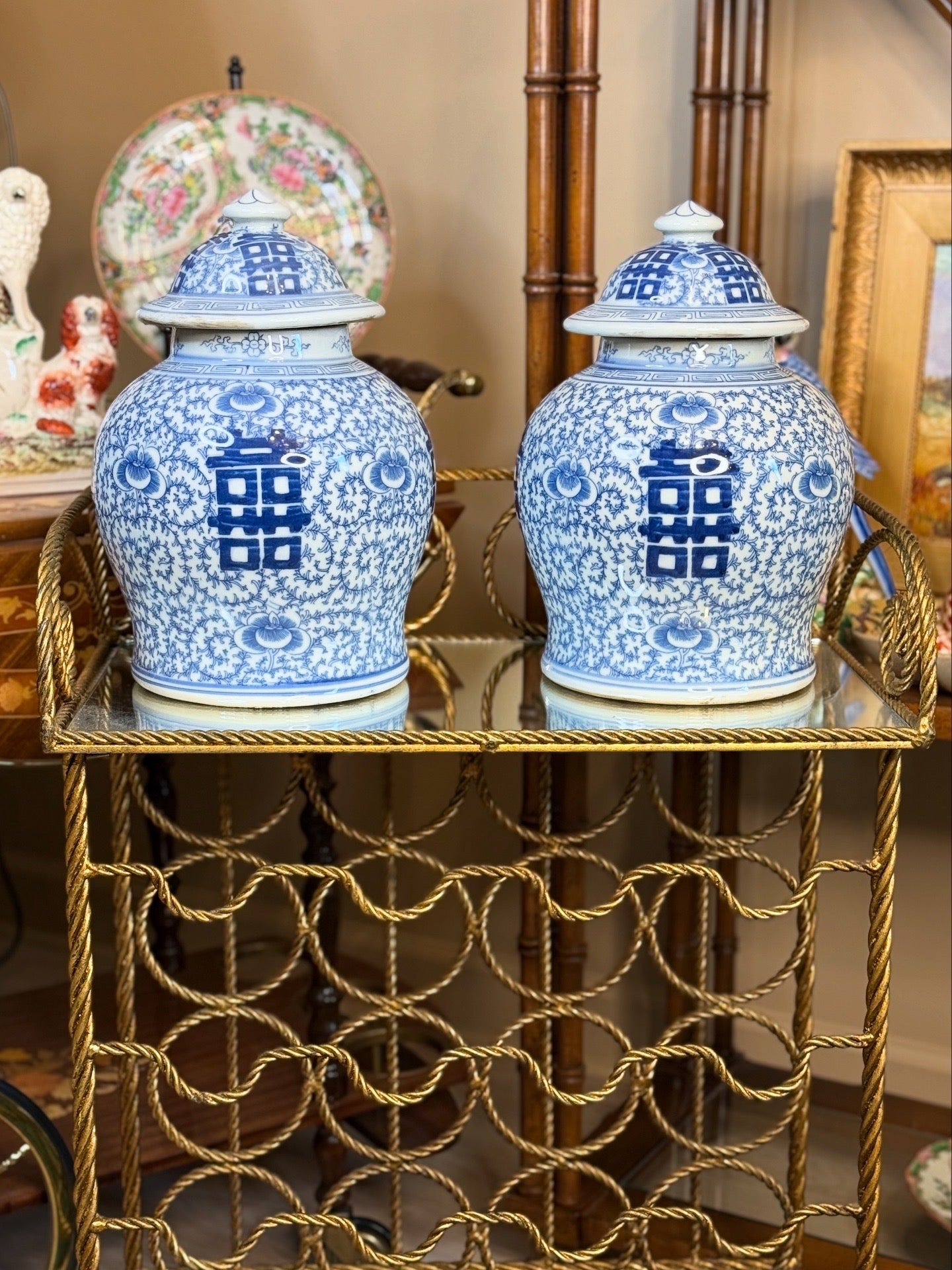 Danny's Fine Porcelain -  Blue & White, 12.5" Tall Porcelain Double Happiness Ginger Jar