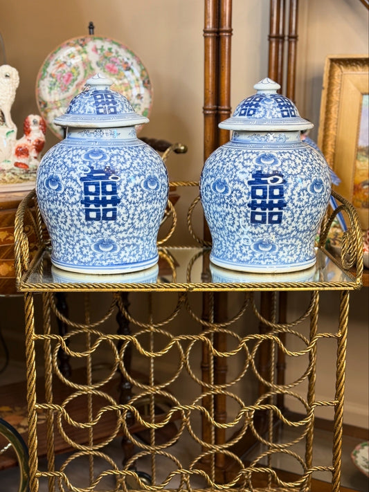 Danny's Fine Porcelain -  Blue & White, 12.5" Tall Porcelain Double Happiness Ginger Jar