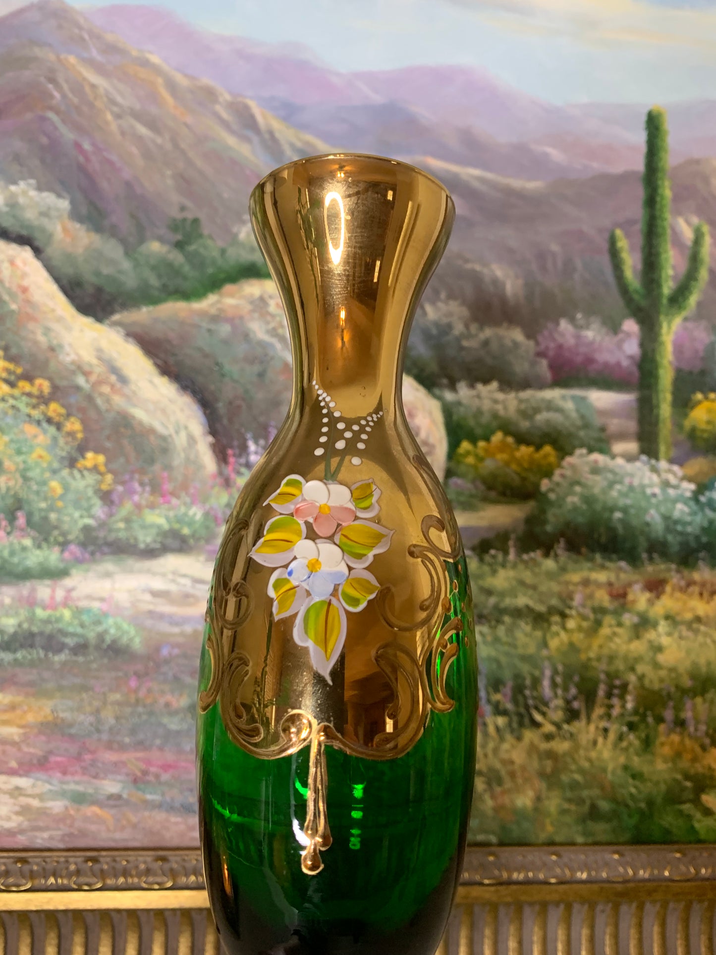 Stunning Murano green glass 24k hand-painted vase with flowers and intricate details! Excellent condition!