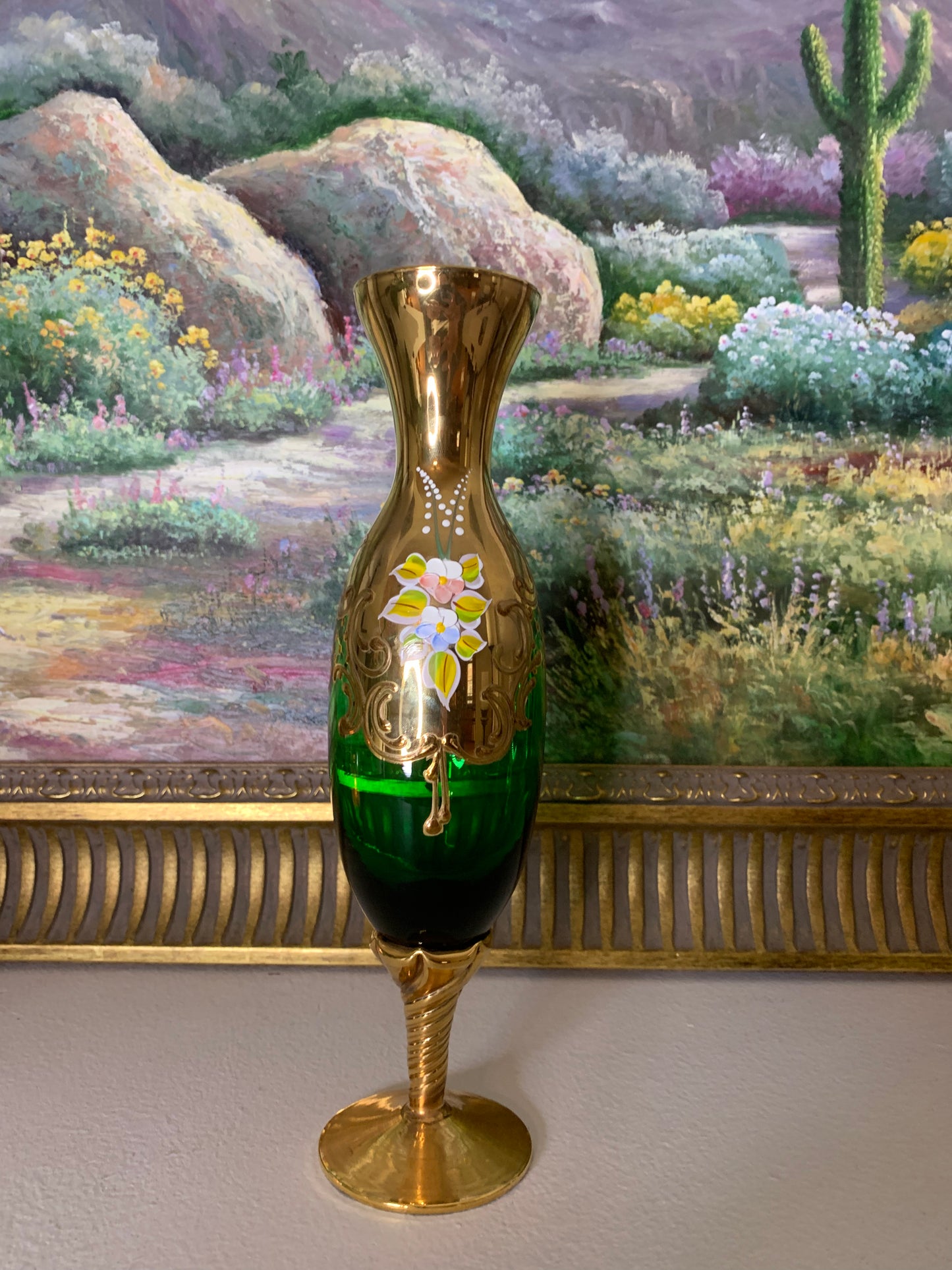 Stunning Murano green glass 24k hand-painted vase with flowers and intricate details! Excellent condition!