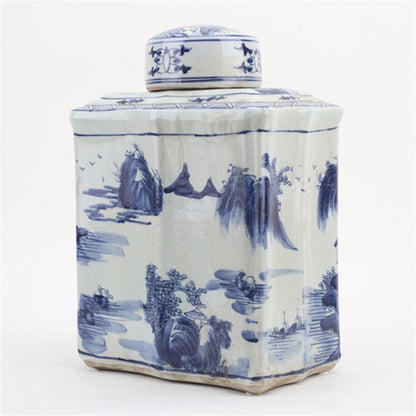 Danny’s Fine Porcelain | Rectangular Blue & White Porcelain Tea Jar with Landscape Scene, 10.5” L x 7.5” W x 14.75” H