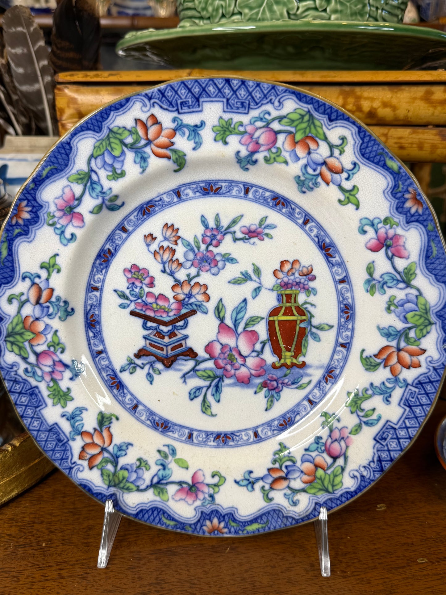 Antique English Minton’s Poonah Pattern Dinner Plate | Polychrome Chinoiserie Floral Design | 10” D