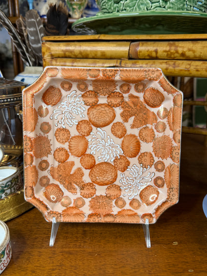 Vintage Orange & Gold Floral Square Serving Dish | Chrysanthemum Botanical Pattern | 8” × 8”