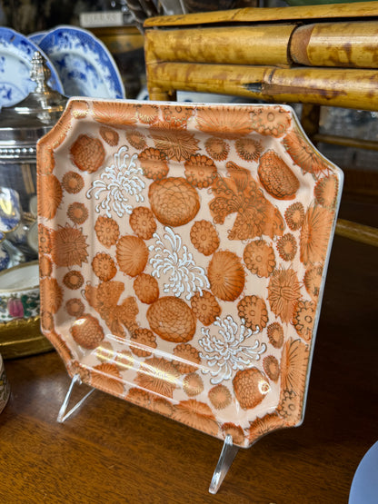 Vintage Orange & Gold Floral Square Serving Dish | Chrysanthemum Botanical Pattern | 8” × 8”