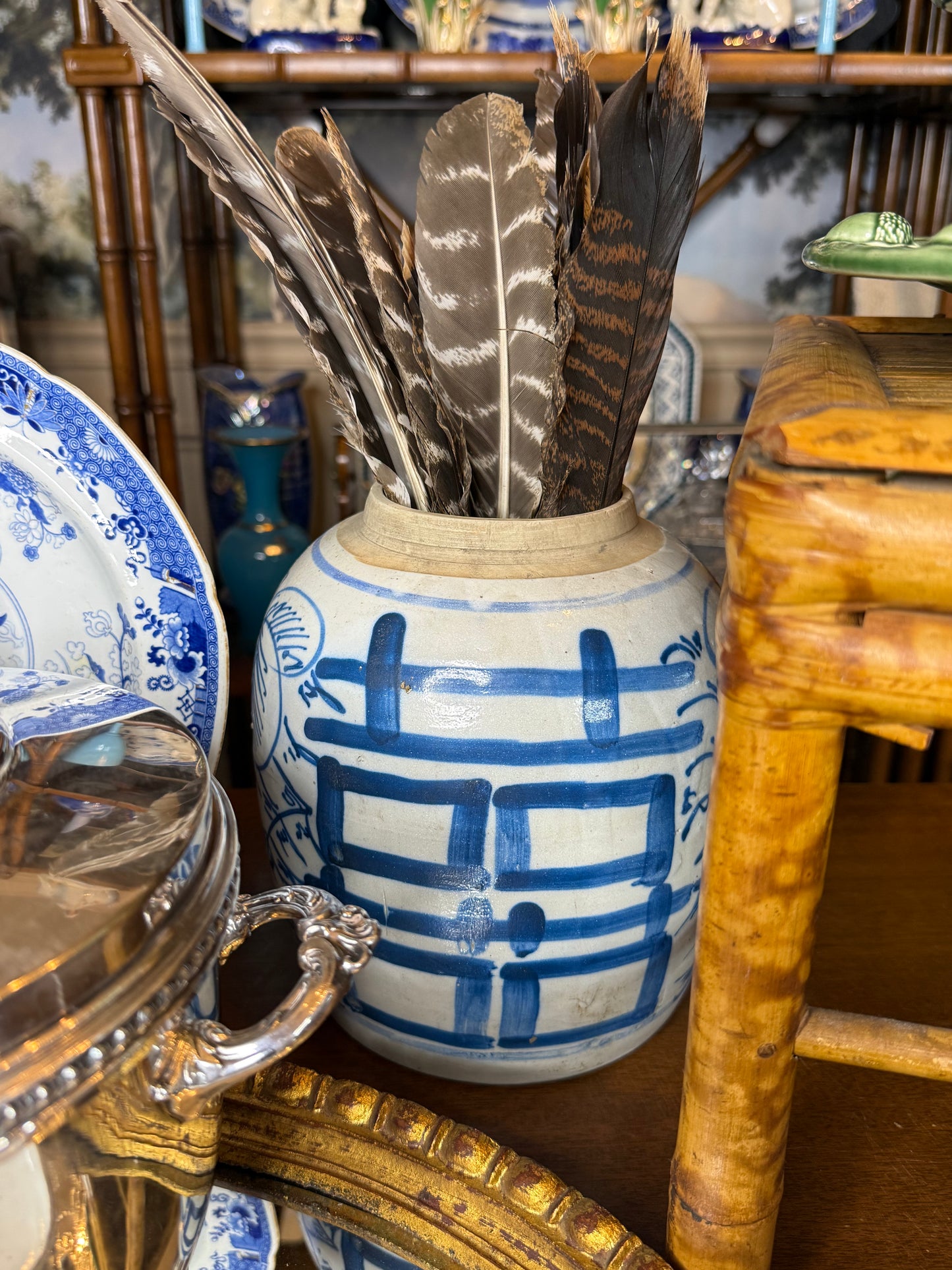 Antique Chinese Blue & White Double Happiness Ginger Jar | Hand-Painted Chinoiserie | No Lid | 9” H × 24.5” Circumference
