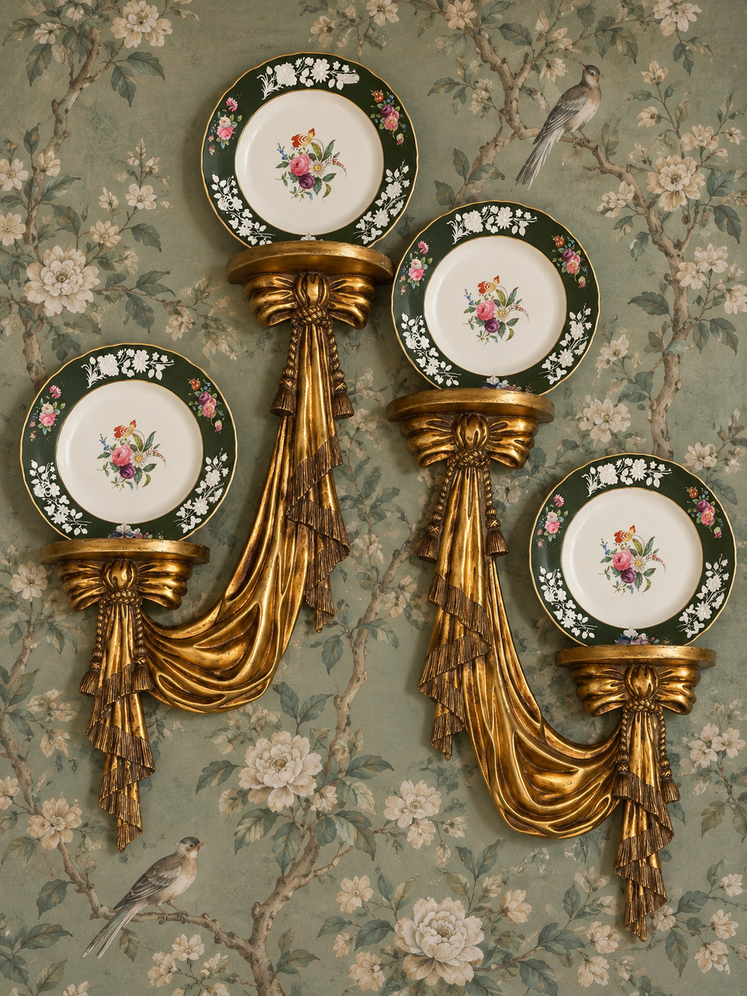 Pair of Vintage Style Gilt Resin Drapery Wall Brackets / Display Shelves | Tassel & Swag Design | 28” H × 18” W