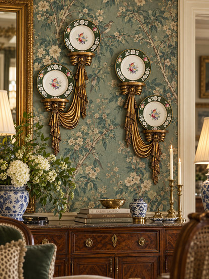 Pair of Vintage Style Gilt Resin Drapery Wall Brackets / Display Shelves | Tassel & Swag Design | 28” H × 18” W