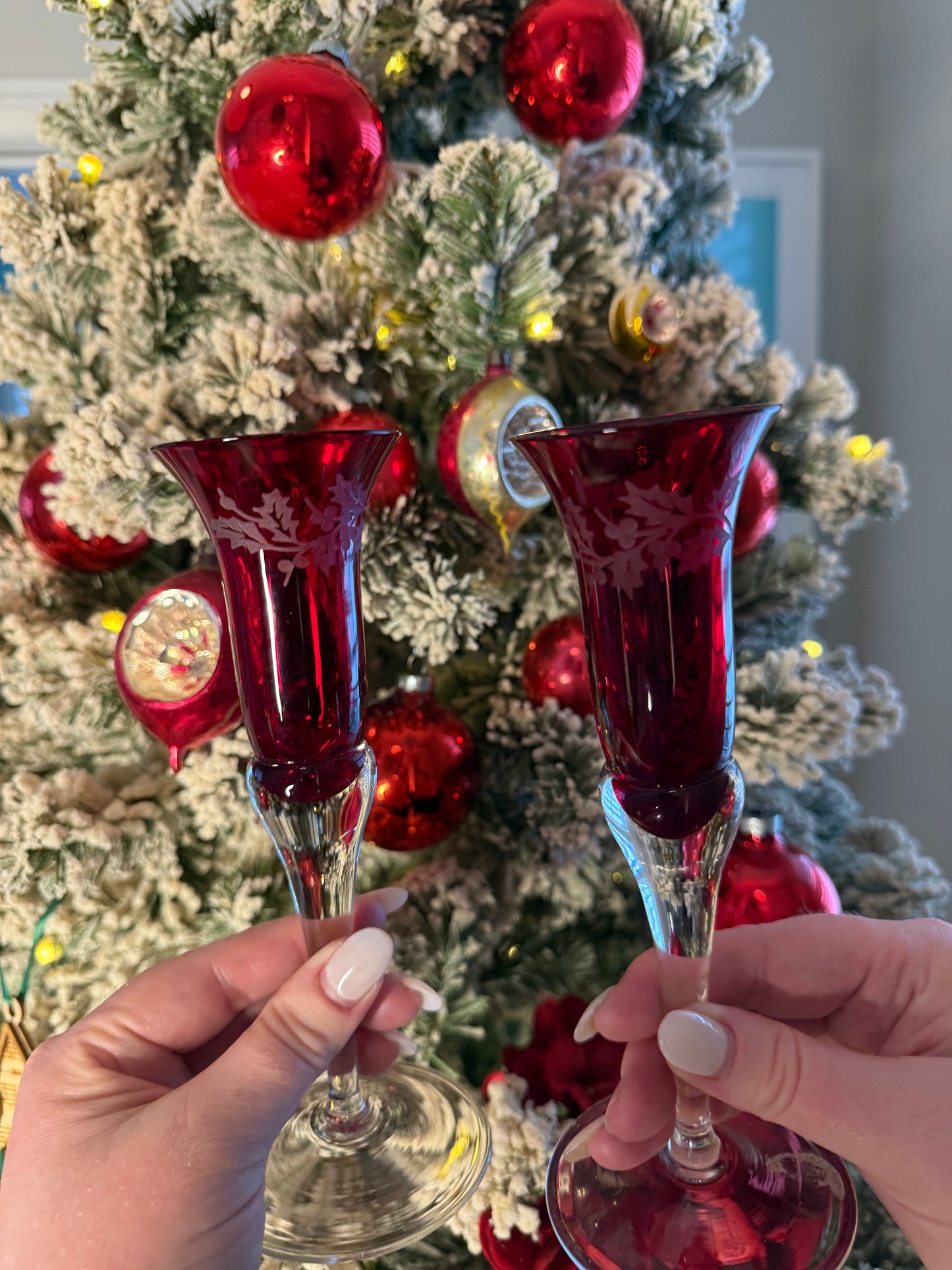 Vintage Lenox Holiday Gems Pair of Ruby Etched Glass Candlestick Holders