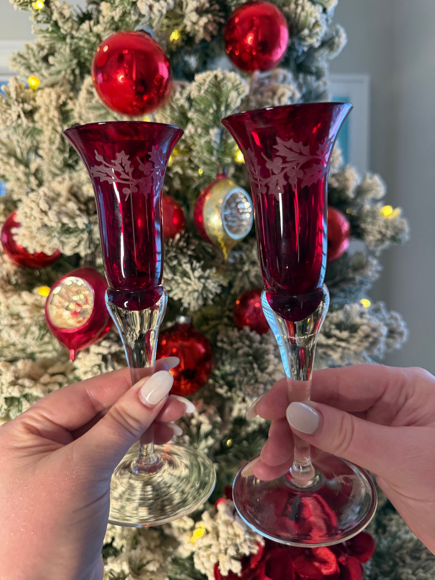 Vintage Lenox Holiday Gems Pair of Ruby Etched Glass Candlestick Holders
