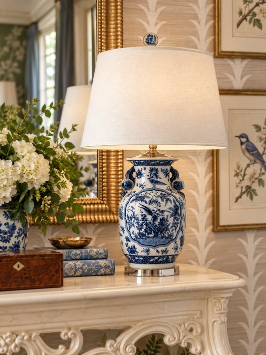 Danny’s Fine Porcelain Blue & White Bird & Floral Round Vase Lamp W/ Acrylic Base & Shade | 28” H| #10794-LA