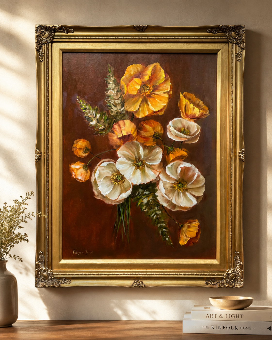 Yellow and white poppies bouquet original oil painting 23x29” framed