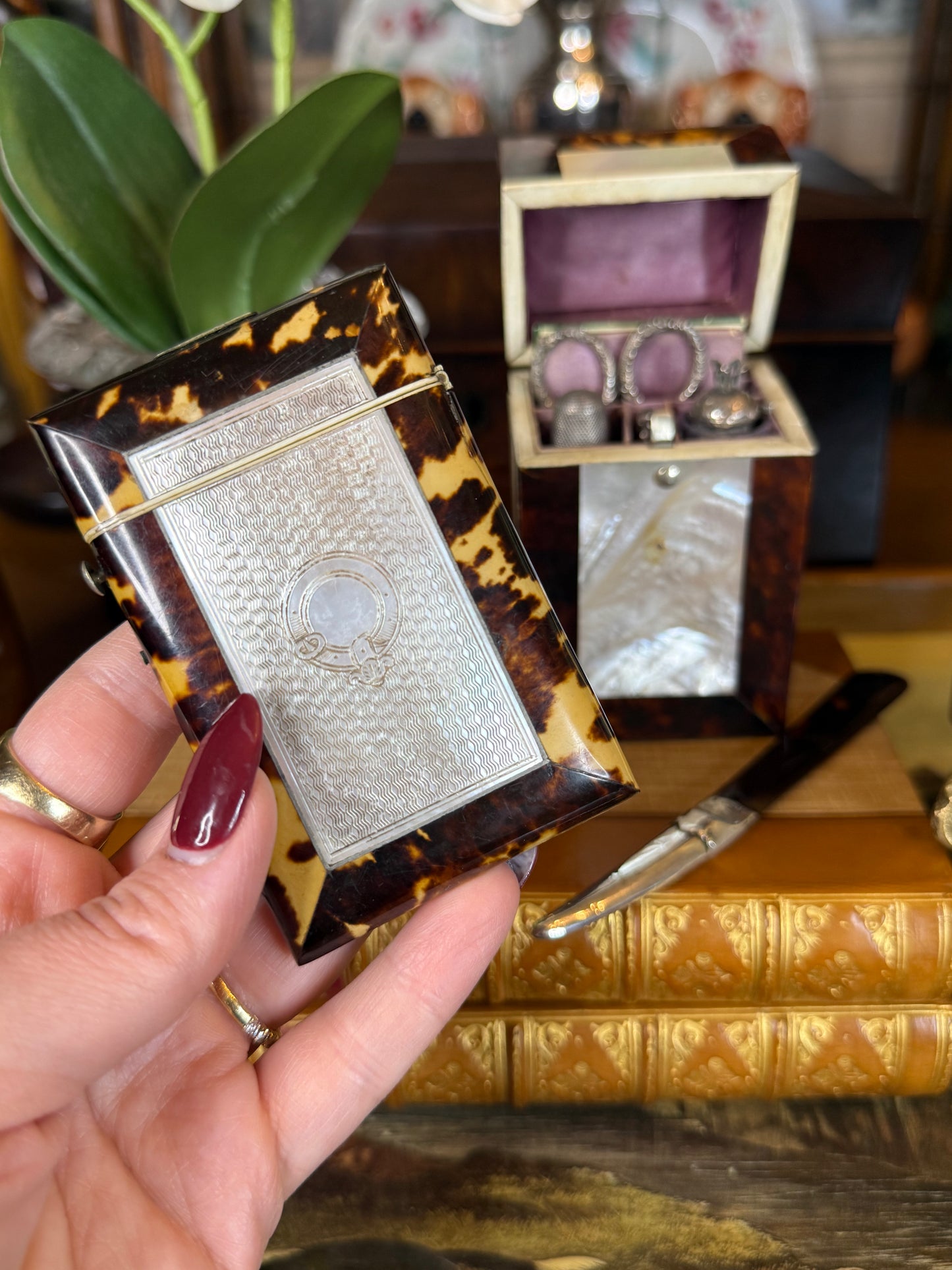 Antique Victorian TShell🐢🤎 Calling Card Case | Carved Mother-of-Pearl & Sterling Silver Panel | Red Velvet Interior | 3.5” × 2.25”