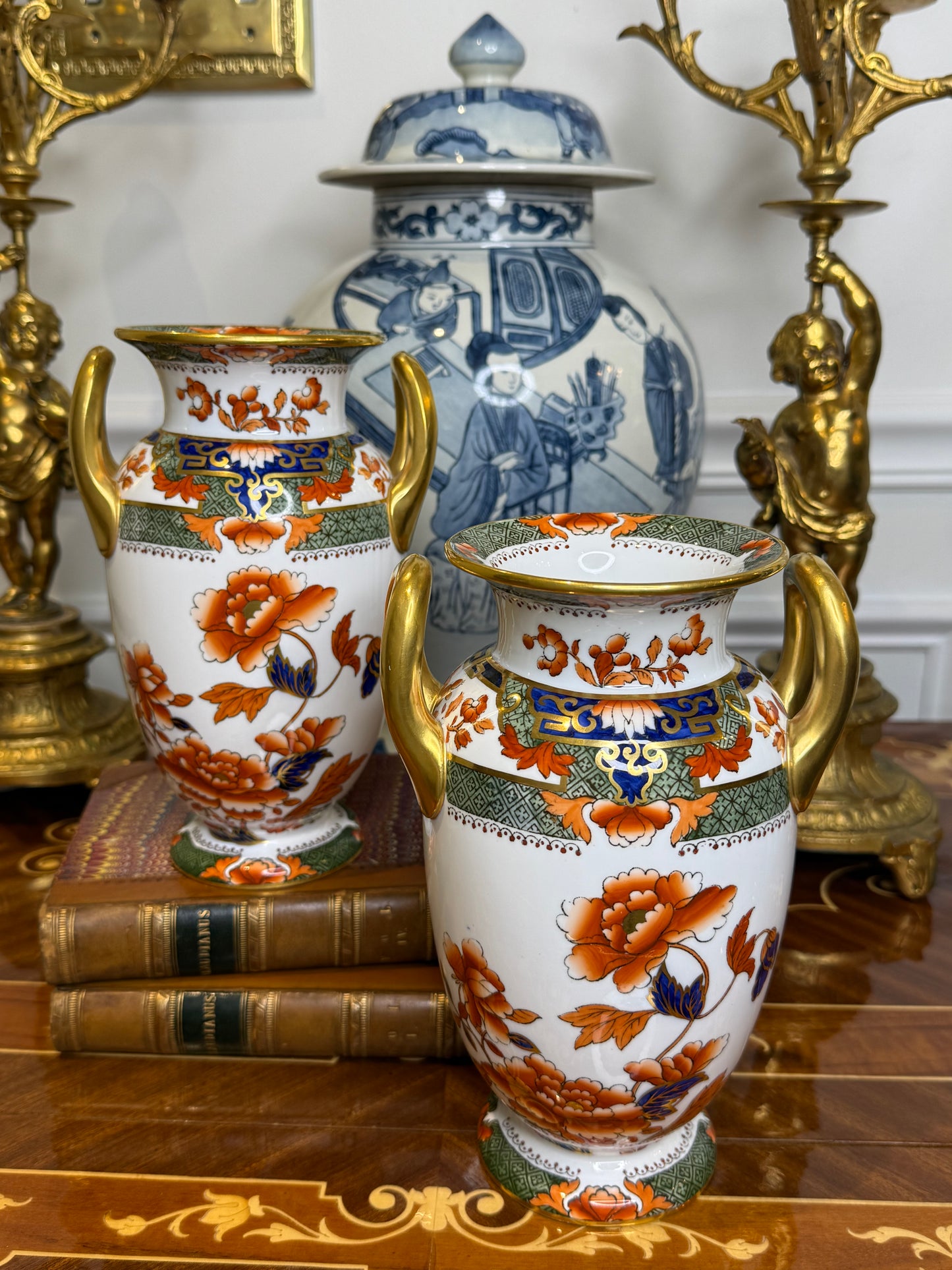 Antique 8” Tall Copeland Imari Twin-Handled Vases | Style DA4495 | Pair | c.1900