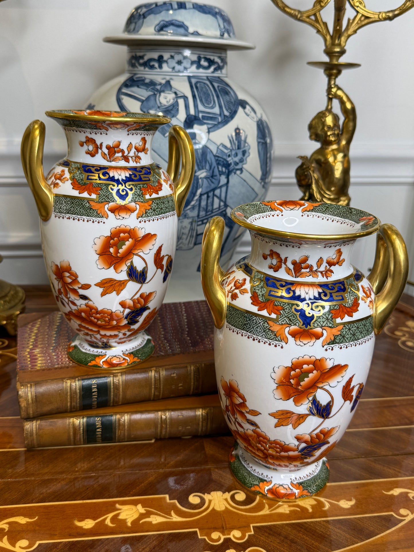 Antique 8” Tall Copeland Imari Twin-Handled Vases | Style DA4495 | Pair | c.1900