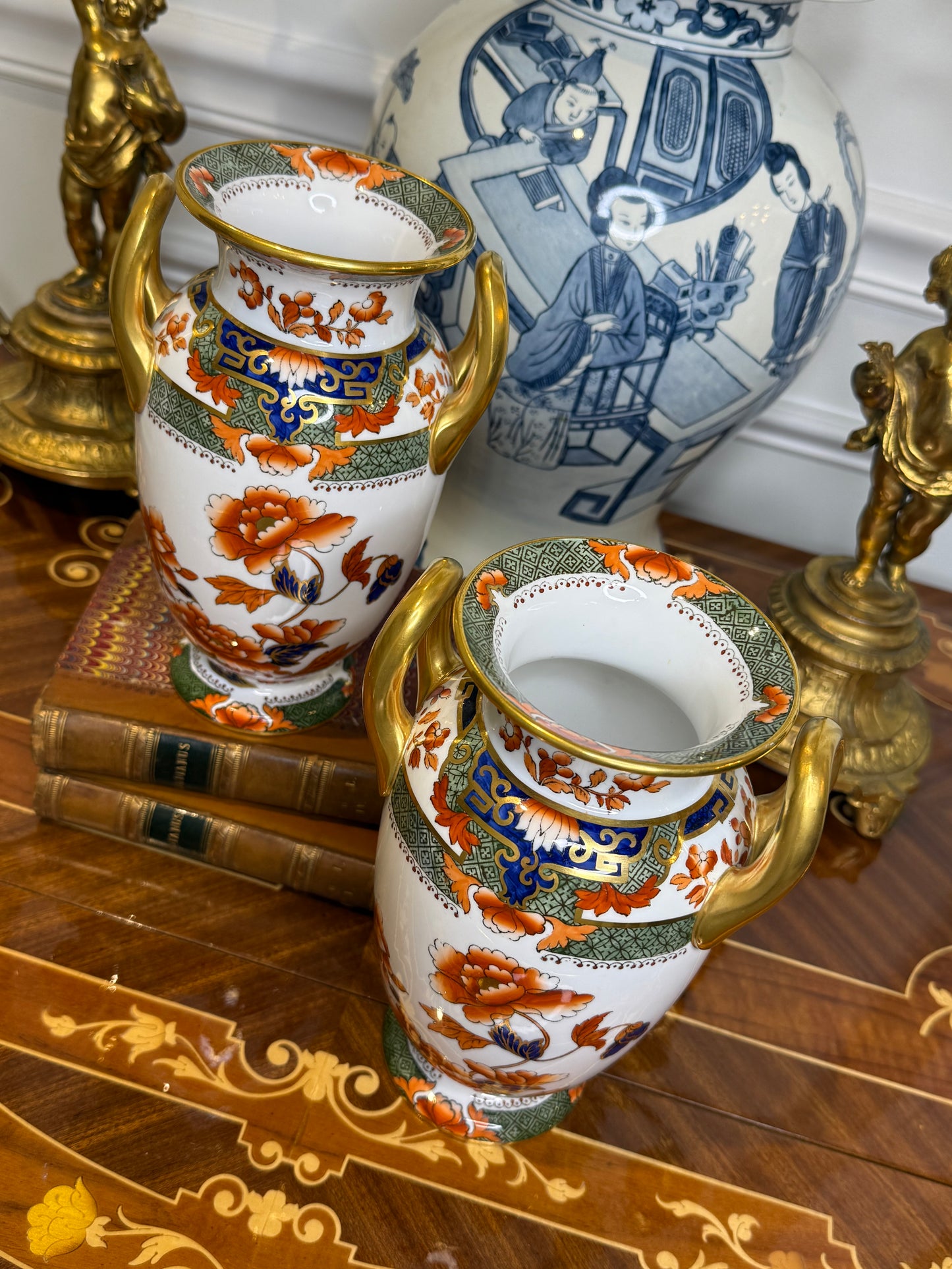 Antique 8” Tall Copeland Imari Twin-Handled Vases | Style DA4495 | Pair | c.1900