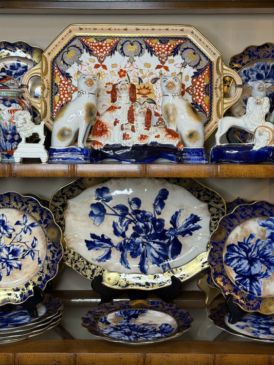 Antique Doulton Burslem “Blue Iris” Platter & (12) Scalloped 9.5”D Plates | England, c. 1890–1902