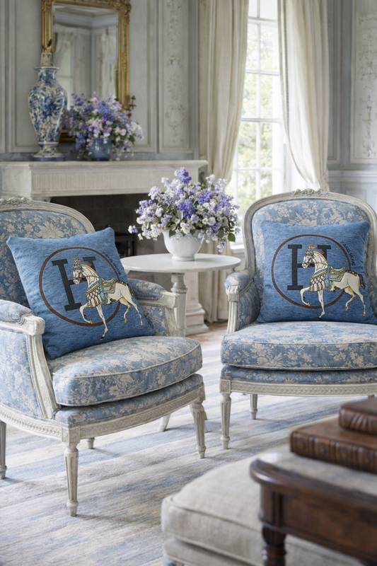 Luxury Equestrian “H” Square Horse Pillow W/ Down Insert – Blue, 18x18”