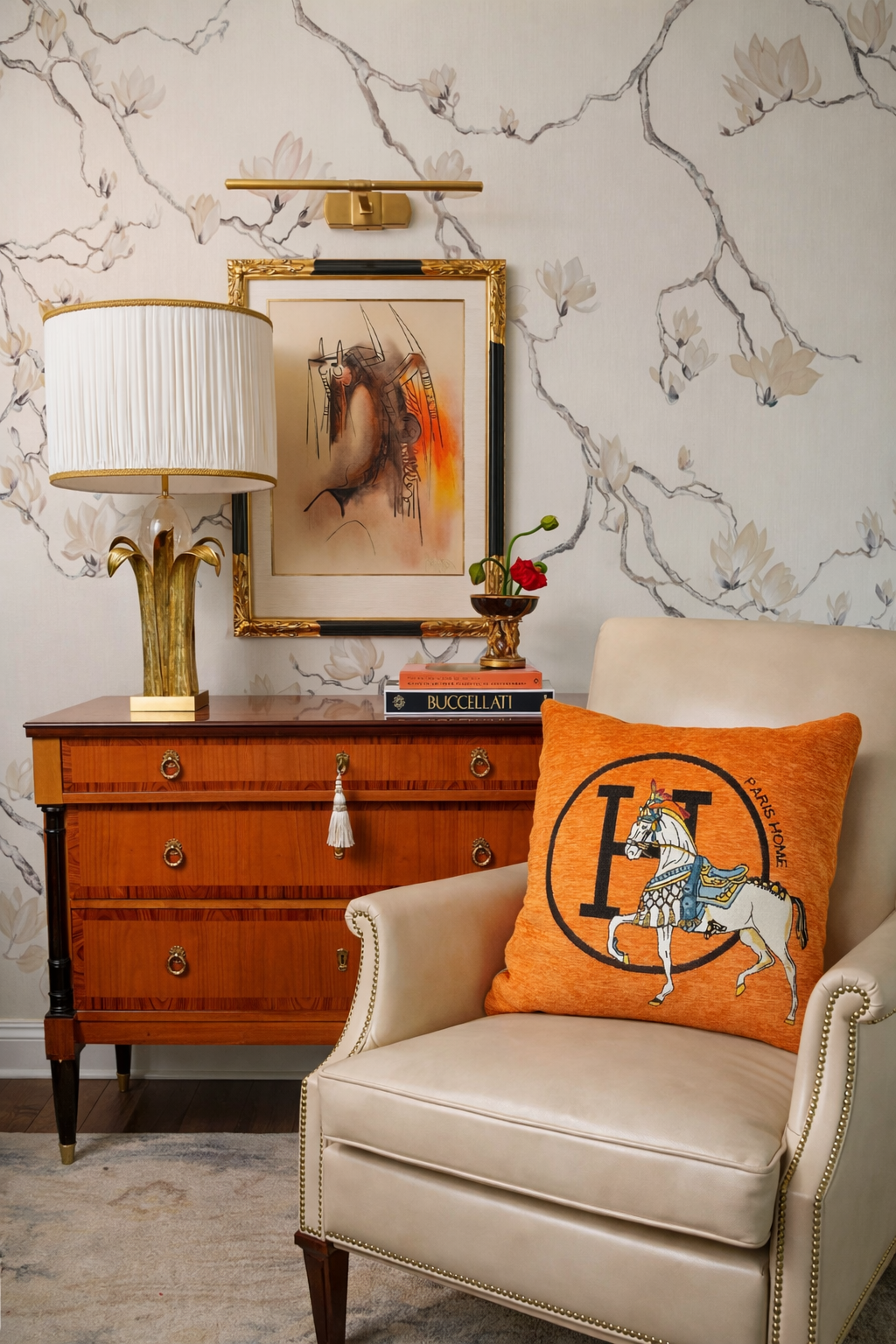 Luxury Equestrian “H” Square Horse Pillow W/Down Insert – Orange, 18x18”