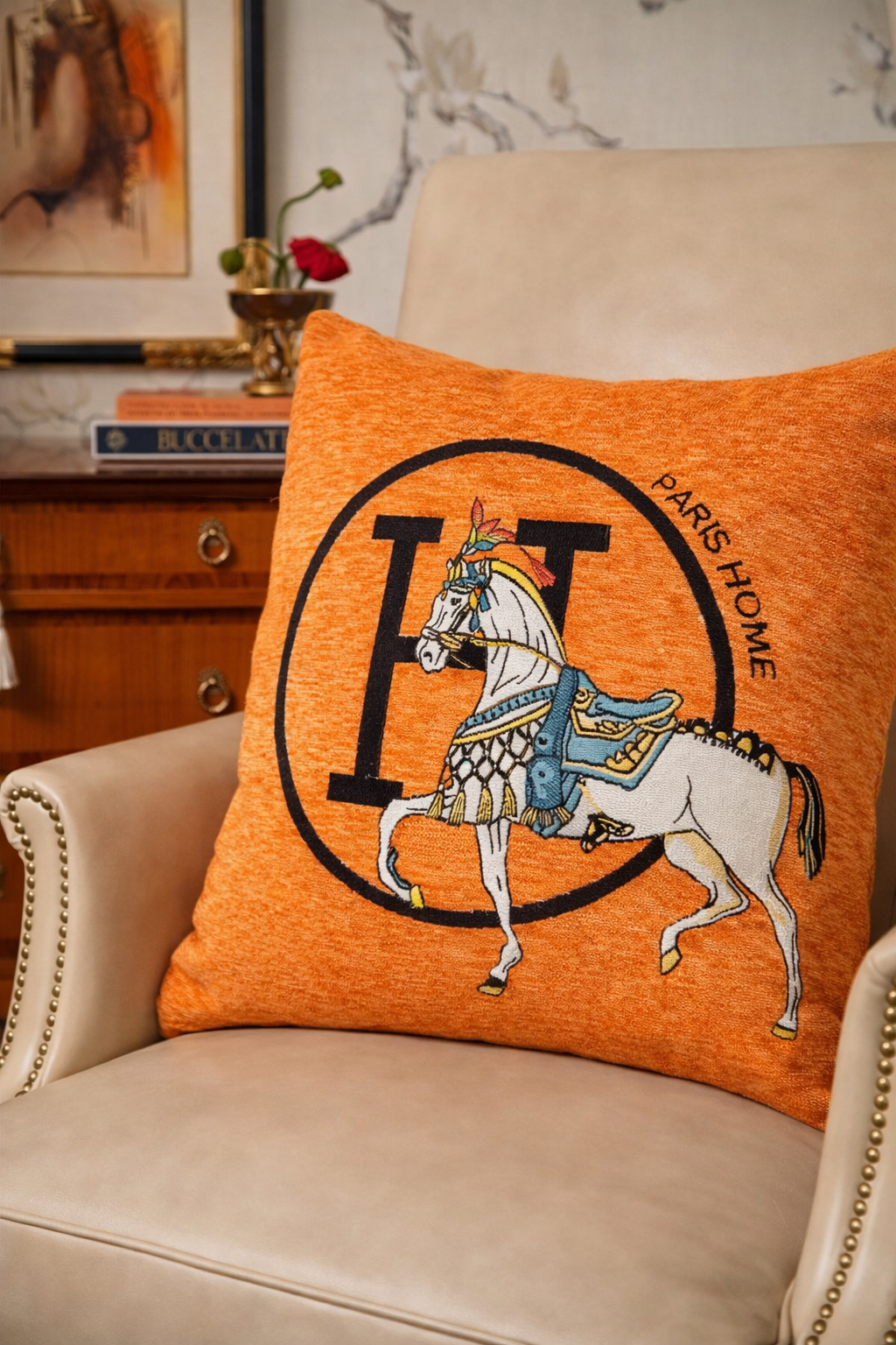 Luxury Equestrian “H” Square Horse Pillow W/Down Insert – Orange, 18x18”