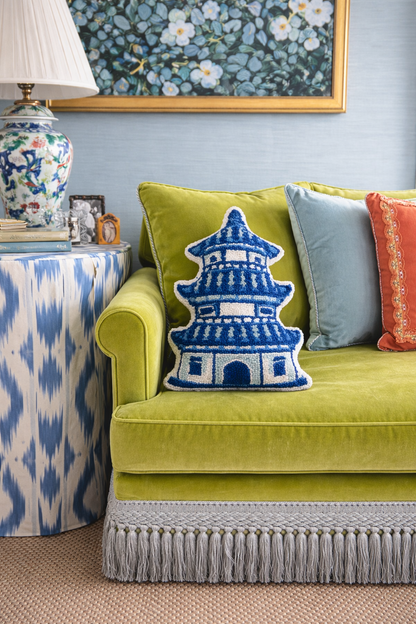 Shaped Pagoda Blue & White Wool Hooked Pillow | 12” x 18” Accent Pillow