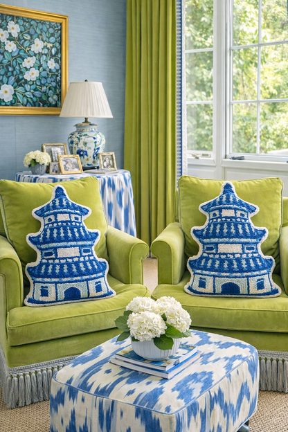 Shaped Pagoda Blue & White Wool Hooked Pillow | 12” x 18” Accent Pillow