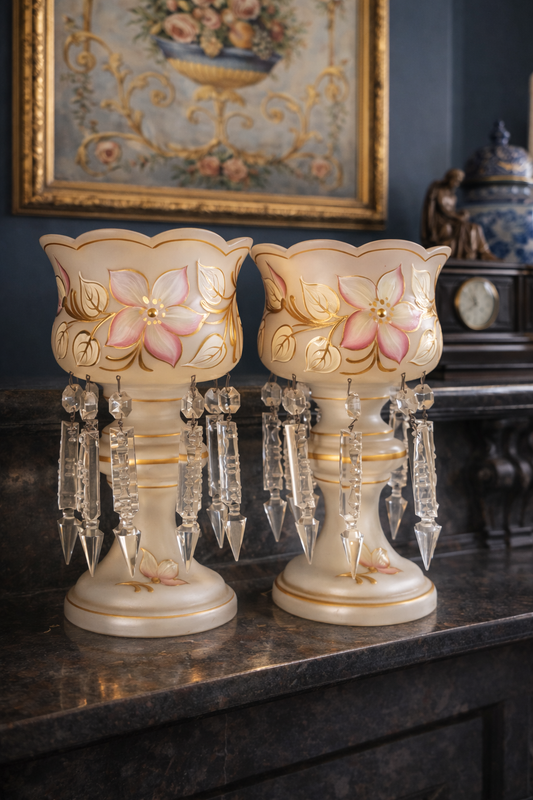 Absolutely stunning pair of antique mantle lusters with crystals!