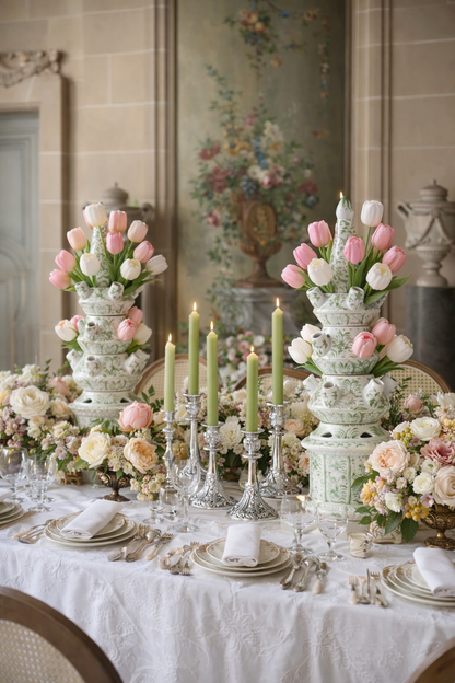 Danny’s Fine Porcelain Green Floral Tulipiere Vase | 4-Tier | 22.5” Tall