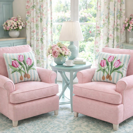 Pink Tulip Wool Hooked Pillow | 16” x 16” Accent Pillow