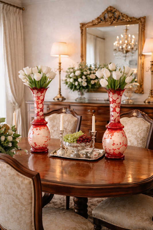 Pair of Vintage Cranberry Glass Etched Vases with Scalloped Rim | 16” Tall | Imperfect