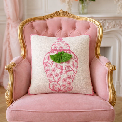 Chinoiserie Pink Ginger Jar Wool Hooked Pillow | 16” x 16” Accent Pillow