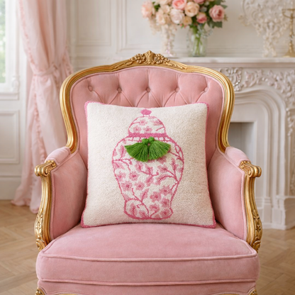 Chinoiserie Pink Ginger Jar Wool Hooked Pillow | 16” x 16” Accent Pillow