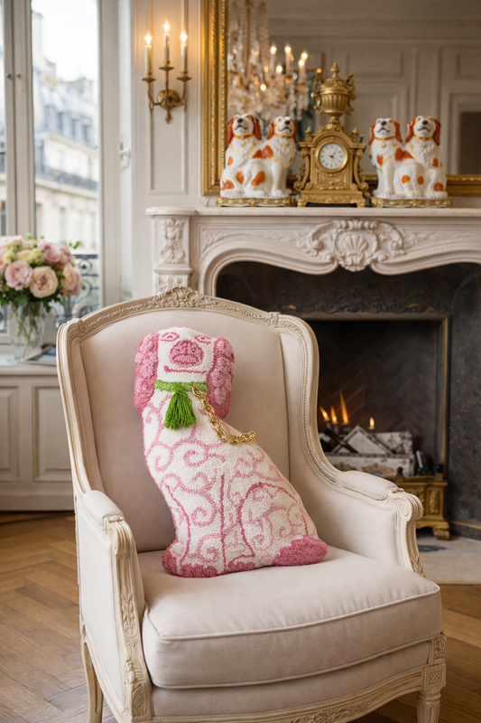 Shaped Chinoiserie Pink Dog Wool Hooked Pillow | 12” x 18” Accent Pillow