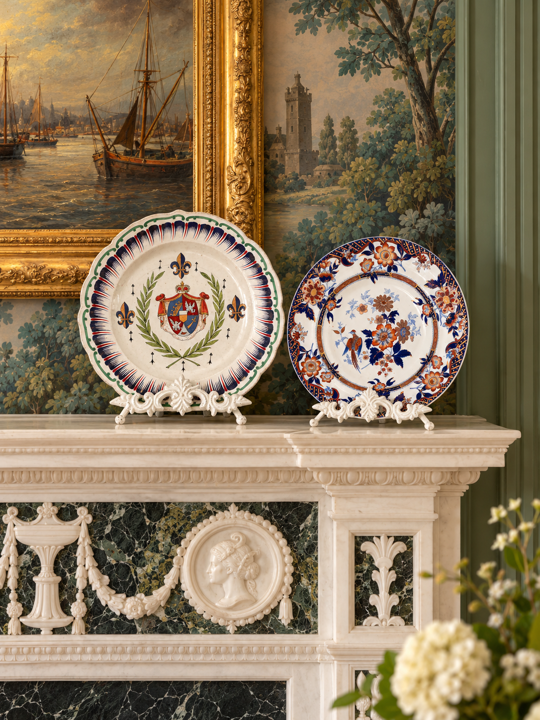 Antique French Faience Royal Armorial Plate, Eagle & Fleurs-de-Lis, Ermine & Laurel, c. 1880–1920