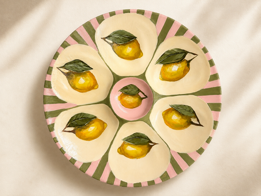 Lemon pink and green stripes oyster plate hand painted