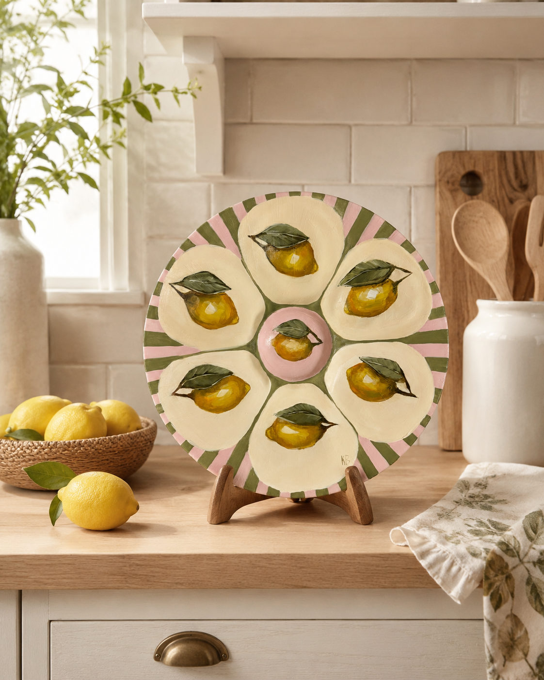 Lemon pink and green stripes oyster plate hand painted