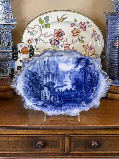 Antique 14x10” Flow Blue Fluted Edge Tray | Eastern Scene Pattern | c.1900 | Style DA4396