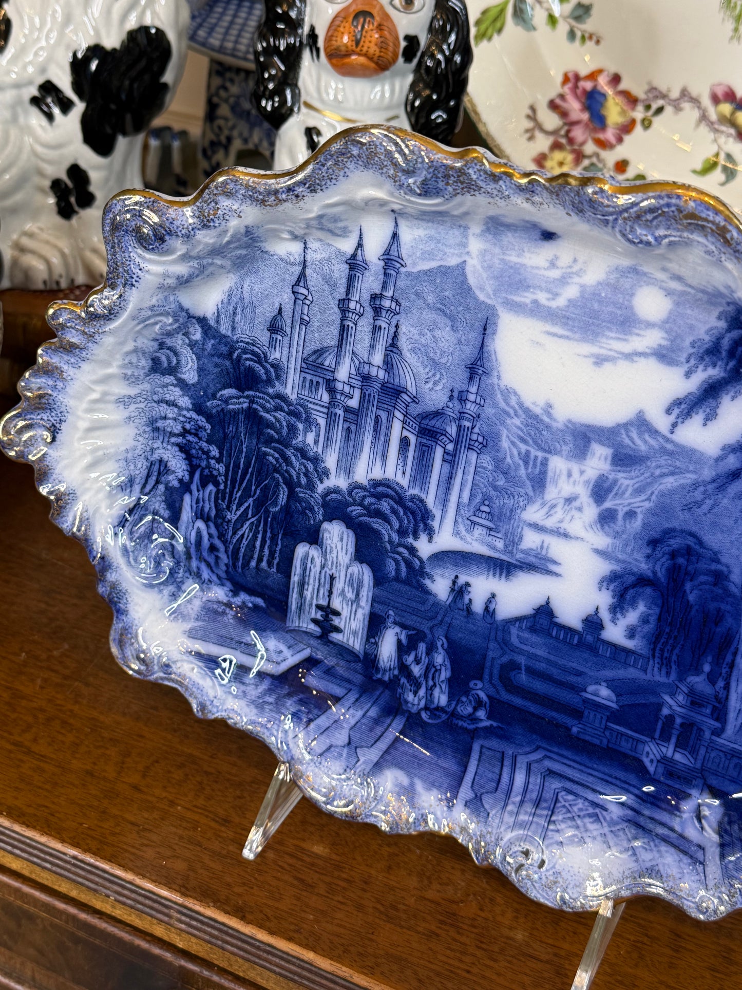 Antique 14x10” Flow Blue Fluted Edge Tray | Eastern Scene Pattern | c.1900 | Style DA4396