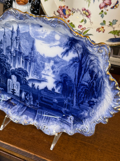 Antique 14x10” Flow Blue Fluted Edge Tray | Eastern Scene Pattern | c.1900 | Style DA4396